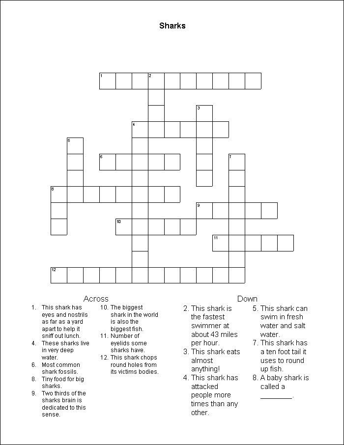 Crossword Puzzles For Kids Sharks