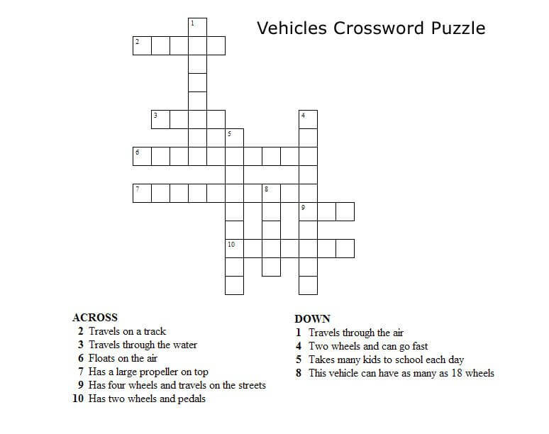 Crossword Puzzles For Kids Vehicles