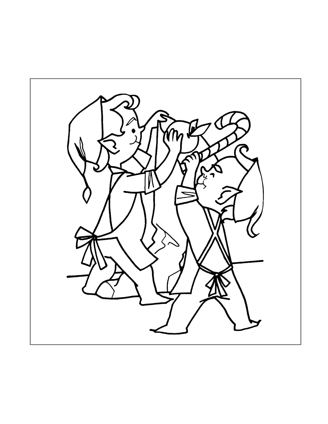 Cute Elfs Working On Christmas Coloring Page