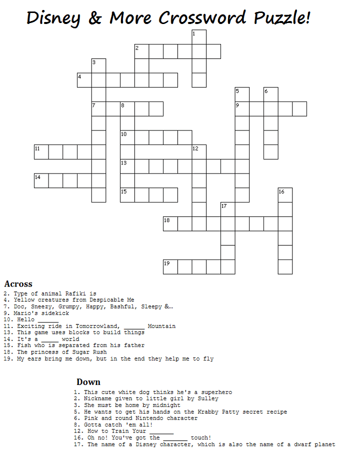 Disney Crossword Puzzles For Kids