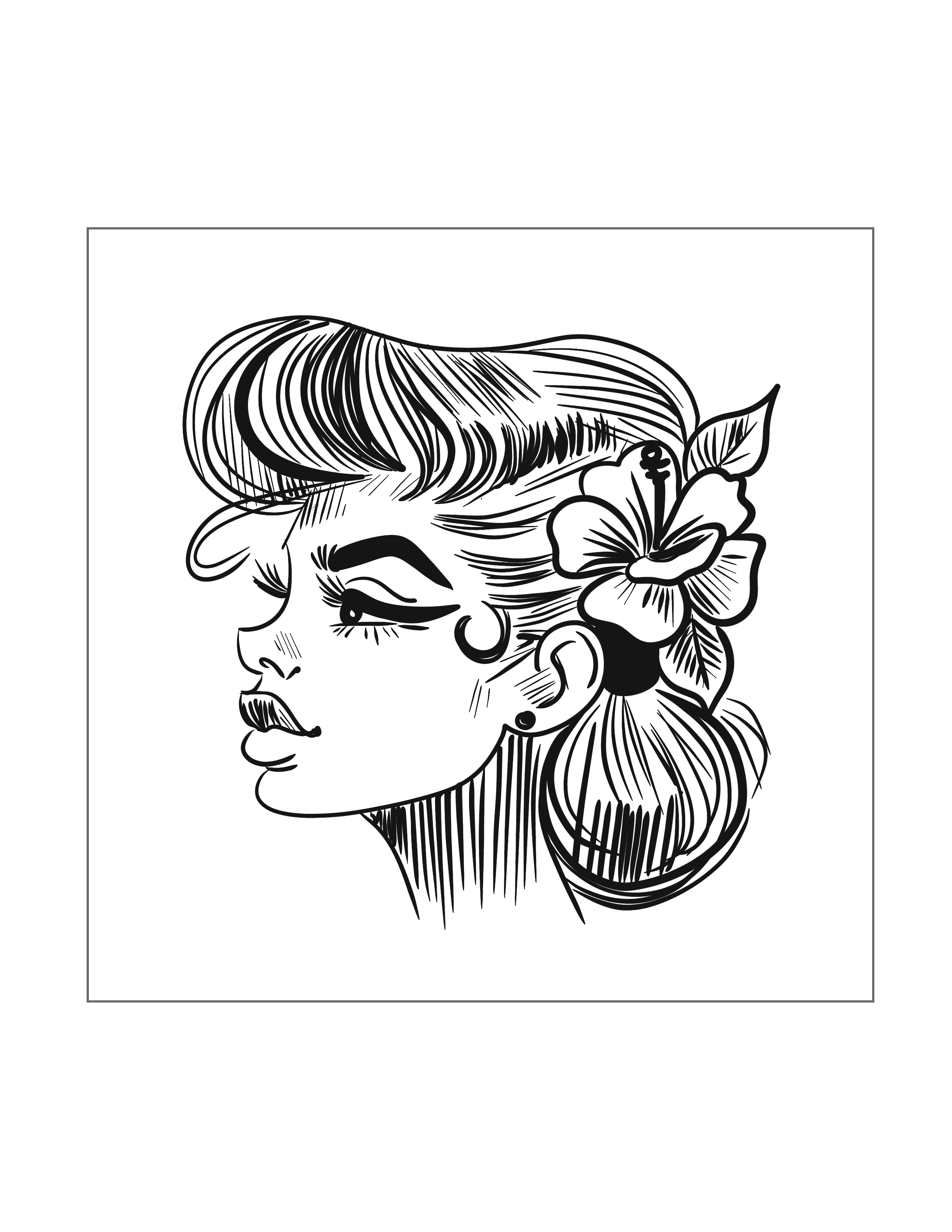 Pin Up Girl With Hibiscus In Hair Coloring Page