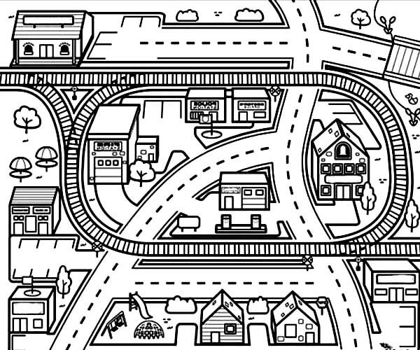 Train Track City Scene Coloring Page