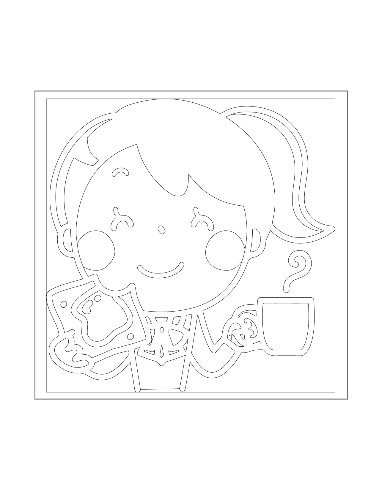 Woman Eating Toast And Coffee For Breakfast Coloring Pgae