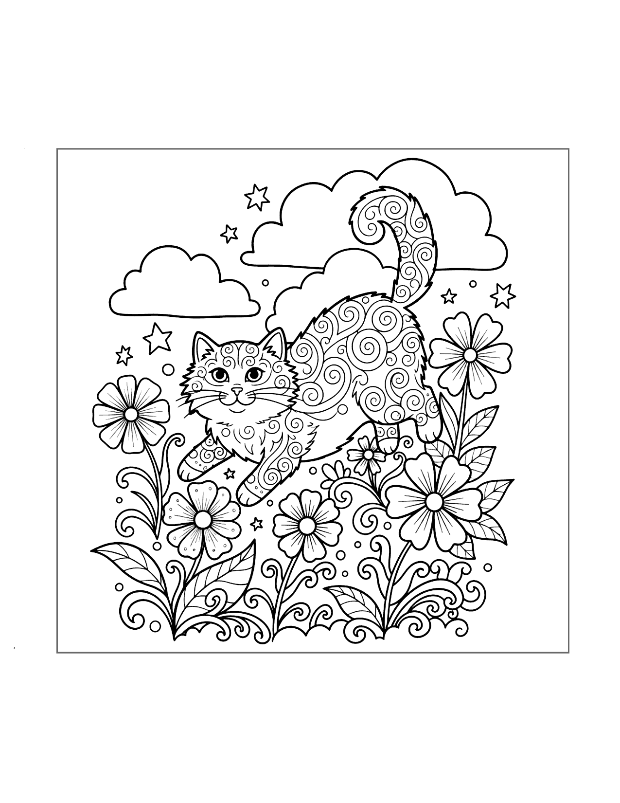 Zen Cat In The Flowers Coloring Page